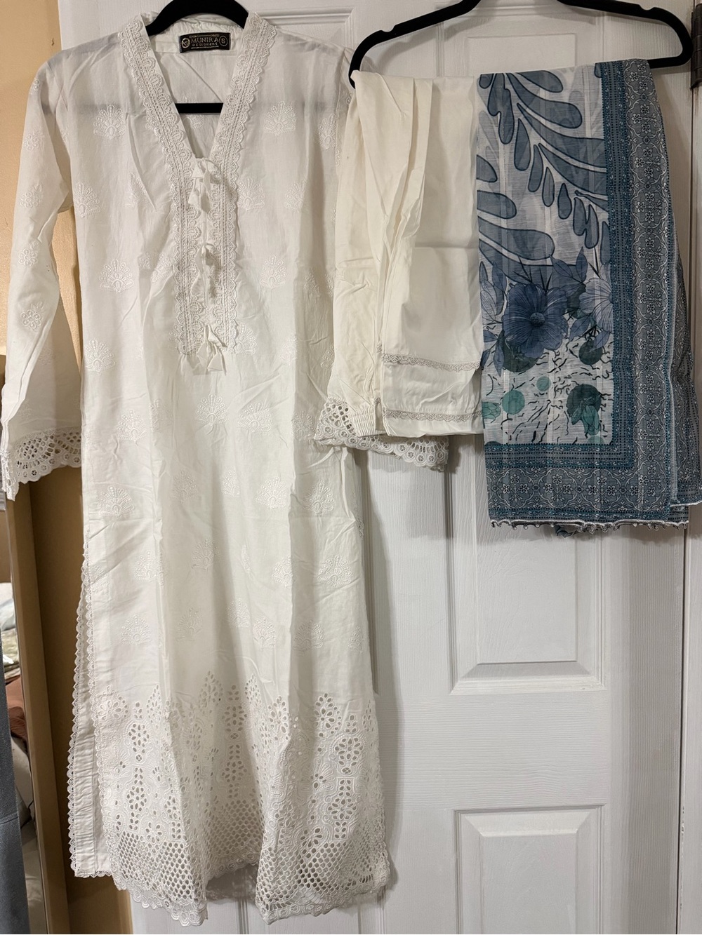 Salwar Kameez in Cream with Blue Floral Dupatta